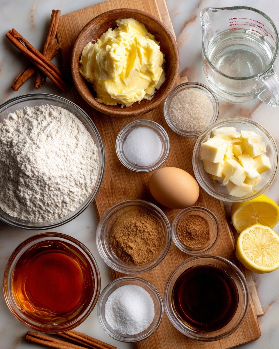 The image shows a wooden table spread with different clear glass bowls and small containers holding ingredients. Starting from the top left, there is a bowl with soft yellow butter, an empty measuring cup made of clear glass, and a large bowl filled with white flour. Below the butter, there are small bowls holding white sugar, dark syrup, and some light yellow butter pieces. There are also two lemon halves showing a bright yellow inside. In the center lies a brown egg, while other small bowls contain cinnamon powder, ginger powder, baking soda, salt, and a light brown liquid, possibly vanilla extract. A large bowl with amber honey-like liquid sits on the bottom left with a couple of cinnamon sticks next to it. The overall setup is placed on a white marbled surface. photo taken with an iphone --ar 4:5 --v 7