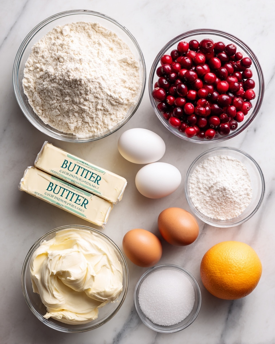 The image shows several clear glass bowls and two sticks of salted butter arranged on a white marbled surface. The largest bowl is filled with bright red cranberries, placed near the top right. Below and slightly left is a bowl filled with white all-purpose flour, full and textured. To the right of the flour bowl is another bowl filled with fine white granulated sugar. Underneath the flour and sugar, there are two rectangular sticks of butter wrapped in green and white paper labeled