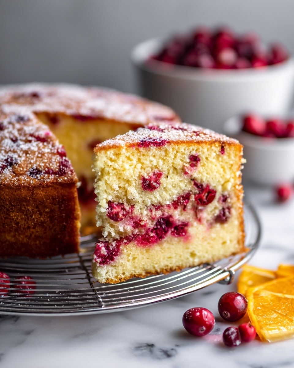 The image shows a close-up of a slice of cranberry cake being lifted from a round cake on a metal cooling rack. The cake has three visible layers: a light golden-brown crust on top sprinkled with sugar, a soft pale yellow sponge cake layer with embedded bright red cranberries, and a slightly darker golden edge. The sponge looks moist and crumbly with juicy cranberries spread throughout. There are loose cranberries and slices of orange in the foreground on a white marbled surface. In the background, a white bowl filled with fresh cranberries is slightly out of focus. Photo taken with an iphone --ar 4:5 --v 7