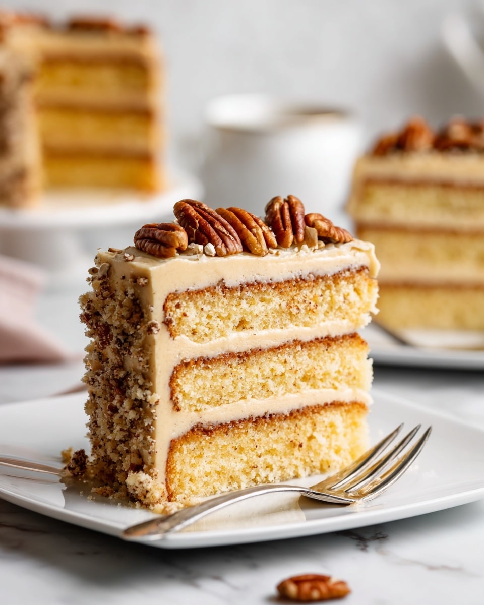 A slice of three-layer yellow cake with light brown frosting between each layer and on top, decorated with whole pecans placed on the top layer. The cake is crumbly and moist, sitting on a square white plate with a silver fork resting beside it. There are two other similar cake slices blurred in the background on white plates. The whole scene is set on a white marbled surface. photo taken with an iphone --ar 4:5 --v 7