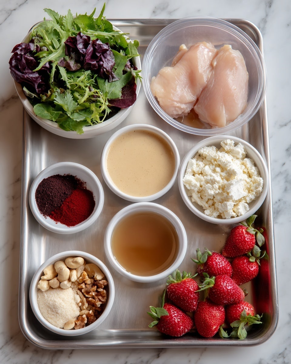 The image shows a metal tray with several white bowls and containers arranged neatly. Starting from the top left, there is a white bowl full of mixed leafy greens with various shades of green and purple. Below it, a small white bowl holds three different powdered spices in light beige and deep red colors. Next to the spices is a plastic container with two raw, smooth, pale pink chicken pieces. To the right of the chicken, there is a white bowl filled with crumbled white cheese. Above the cheese is a bowl with a light tan creamy sauce. Next to the sauce, there are two small white bowls, one with a light brown liquid and the other with a darker brown liquid, both smooth and shiny. At the bottom right corner, a white bowl contains a mix of sliced nuts in light brown and cream shades. Surrounding the bowls on the right edge of the tray are bright red strawberries with green leaves. The tray is placed on a white marbled surface. photo taken with an iphone --ar 4:5 --v 7