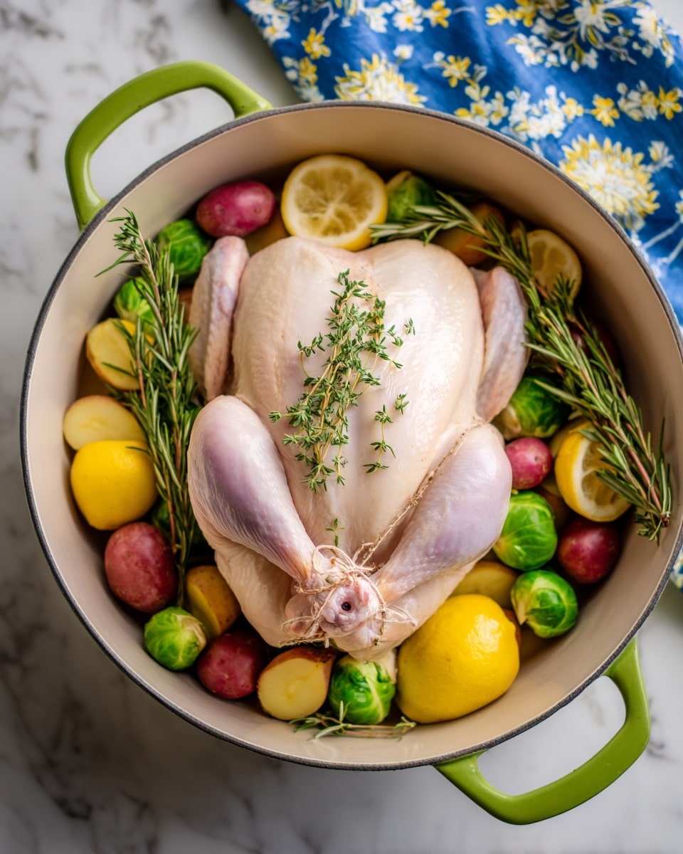 A whole raw chicken with pale pink skin and tied legs sits in the center of a white pot with green handles. Around the chicken are colorful small vegetables: red and yellow potatoes, and green Brussels sprouts. Bright yellow lemon halves with visible seeds are placed among the vegetables. Fresh green rosemary and thyme sprigs are scattered inside the pot, adding texture and color contrast. The pot is on a white marbled surface, and a blue cloth with yellow and white floral patterns is blurred in the background. Photo taken with an iphone --ar 4:5 --v 7