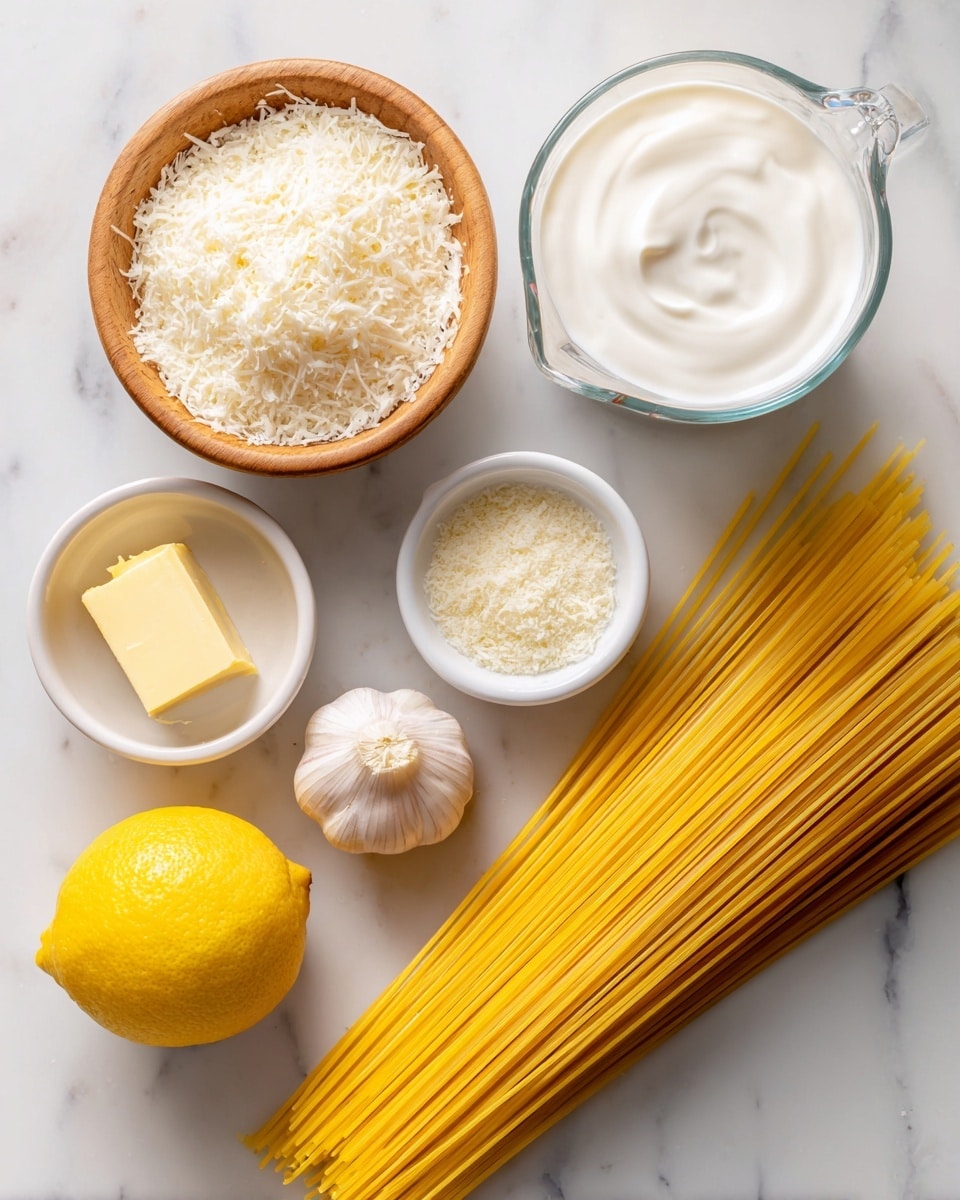 The image shows ingredients for cooking pasta arranged neatly on a white marbled surface. There is a clear glass measuring cup filled with white cream on the right side, next to a bundle of uncooked yellow spaghetti lying flat. In front of the spaghetti, two garlic cloves rest side by side. A whole bright yellow lemon sits near the center. Surrounding these are small bowls: a wooden bowl with white salt, a small white bowl with light yellow butter, a white bowl with finely grated white cheese, and a small white bowl containing a pinch of light-colored seasoning. The colors are light yellow, white, and natural wood tones, all placed calmly in a simple, clean arrangement. Photo taken with an iphone --ar 4:5 --v 7