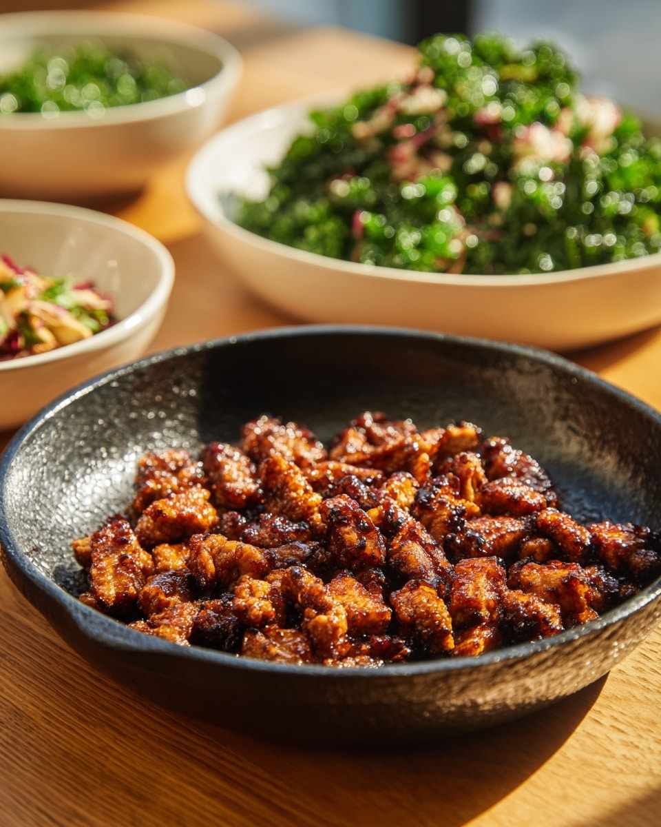 A black pan with a textured surface holds a single layer of small, browned, and slightly crispy pieces of cooked meat or tofu, with a shiny glaze that makes them look juicy and flavorful. Behind the pan, there are two white bowls, one partially visible on the left side with some green leafy food and the other larger bowl full of green kale salad with some white and red pieces, all set on a warm wooden surface. The scene is bright and clear, with focus on the pan. Photo taken with an iphone --ar 4:5 --v 7