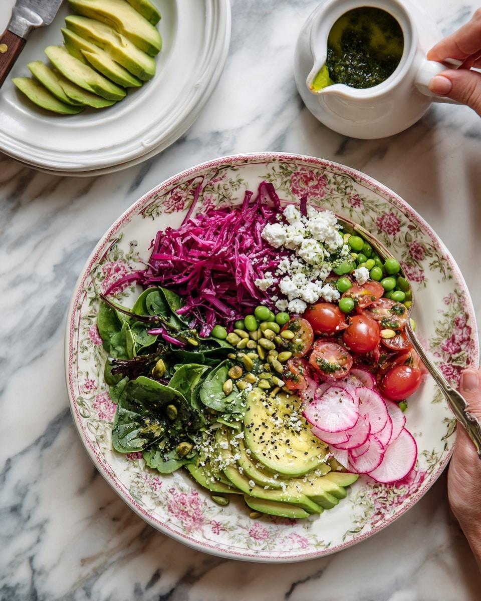 The image shows a large floral-patterned plate filled with a colorful salad arranged in sections. The bottom left has dark green spinach leaves topped with thin pink radish slices. Next to that, there is a section of thin red cabbage shreds with scattered white cheese crumbles and small green peas. Near the center, bright red cherry tomato halves and thinly sliced pink pickled onions sit on a bed of microgreens. To the right, light green avocado slices with some black pepper and cheese crumbles are visible, surrounded by more green peas and pistachio nuts. A woman's hand is pouring a green herb dressing from a small white bowl above the salad. In the background, a white plate holds sliced green avocado with a knife resting on the side. The whole scene is set on a white marbled surface. photo taken with an iphone --ar 4:5 --v 7