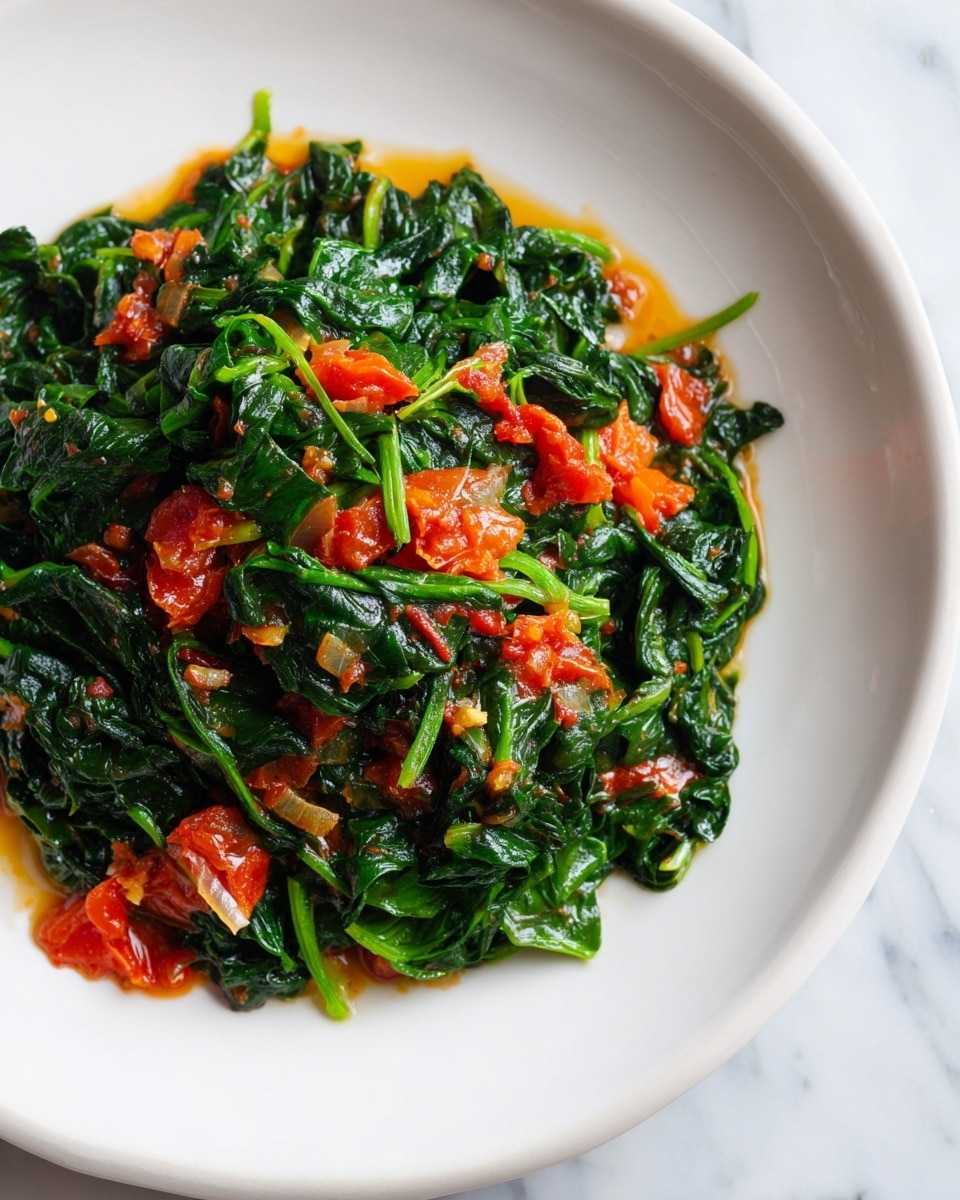The image shows a close-up of a black pan with cooked greens and red tomatoes mixed together. The leafy greens are bright green and look soft, while the tomatoes are cooked down and form small reddish chunks spread evenly throughout the greens. The pan texture is rough and dark, with some light steam rising. The leafy vegetables have a shiny, wet look from being cooked. Photo taken with an iphone --ar 4:5 --v 7