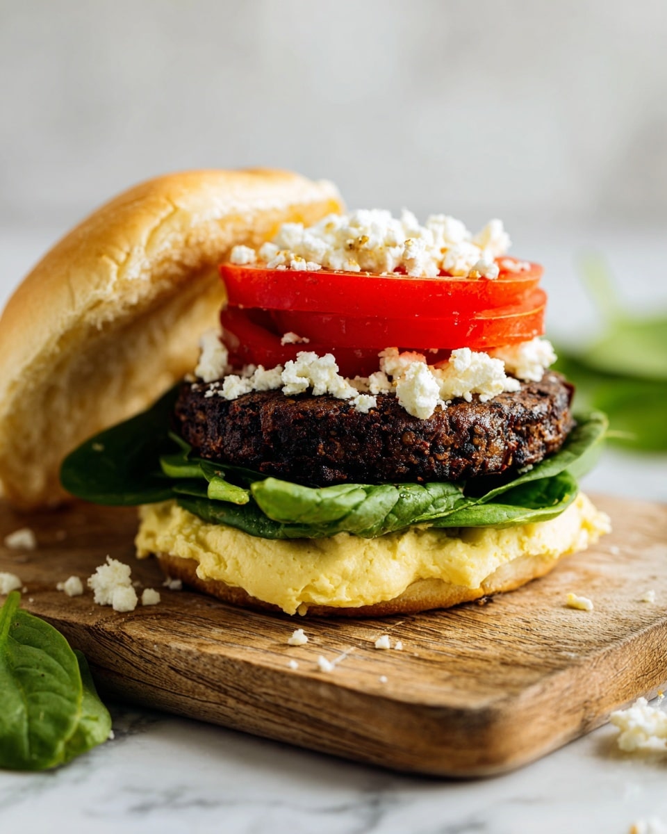 A sandwich open on a wooden board shows four layers: the bottom is a soft light beige sandwich bun, topped with fresh green spinach leaves, then a thick cooked beef patty with green herbs mixed in, followed by one bright red tomato slice, and finished with white crumbly cheese sprinkled on top. The top bun rests beside the sandwich, showing its soft inside. The background is blurred dark wood with some fresh spinach and small glass bowls. Photo taken with an iphone --ar 4:5 --v 7