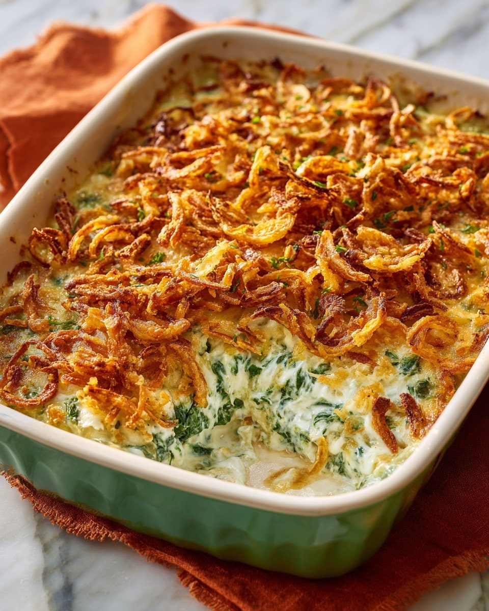 A white rectangular baking dish filled with a creamy spinach casserole topped with one thick, even layer of dark brown, crispy fried onions that cover the entire surface. The middle layer beneath the onions is a light green creamy mixture of spinach and cheese, visible slightly around the edges. The dish is placed on a white marbled surface with a beige cloth napkin to the left, and a black wire cooling rack underneath. Photo taken with an iphone --ar 4:5 --v 7