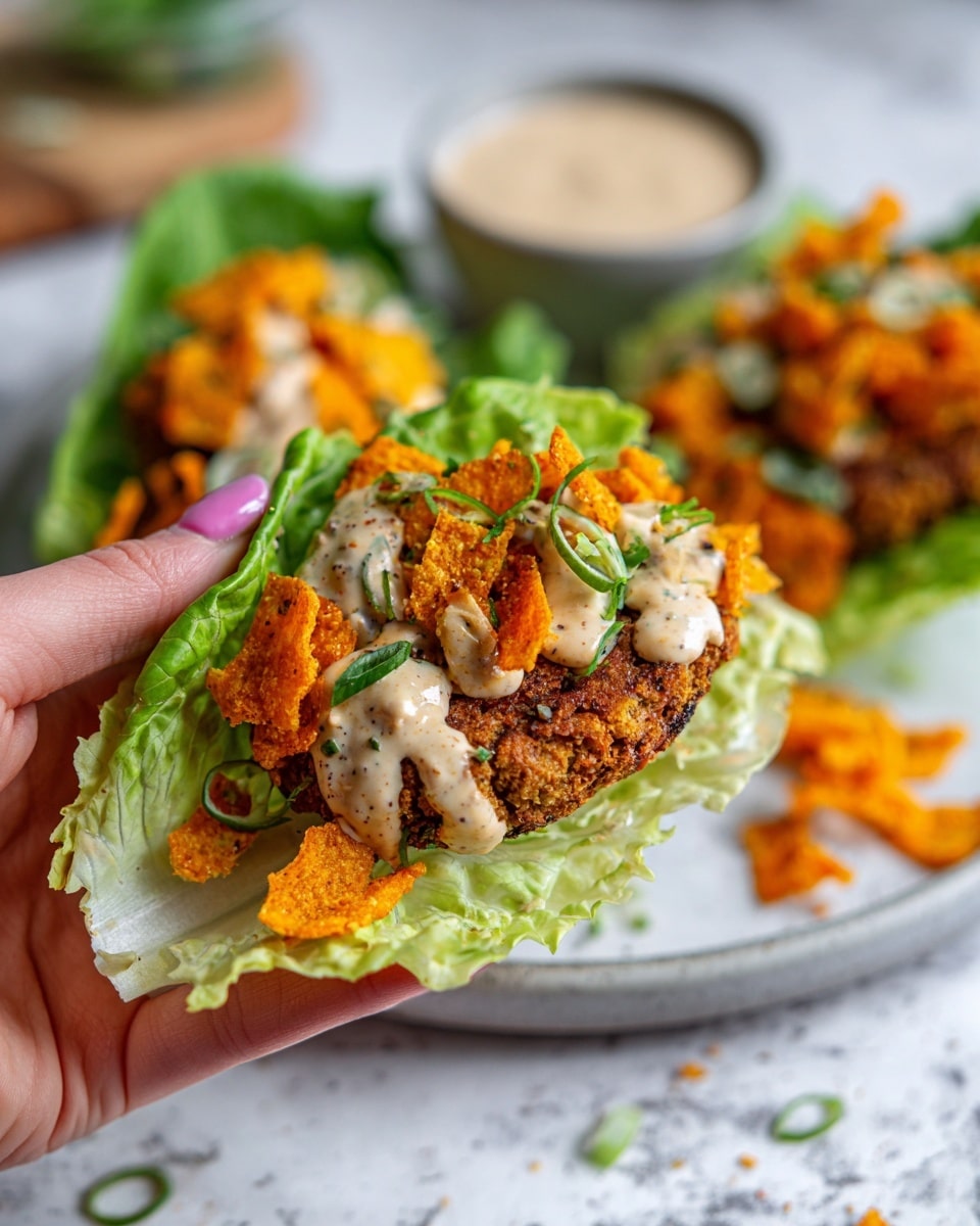 A woman's hand is holding a green lettuce leaf folded like a wrap, filled with a crispy brown fried patty at the bottom layer. On top of the patty, there are bright orange crunchy cheese crisps scattered around. A creamy light beige sauce with visible pepper specks is generously drizzled over the crisps and patty, and there are thinly sliced green herbs sprinkled on top. In the background, more of these lettuce wraps are placed on a white plate resting on a white marbled surface. Photo taken with an iphone --ar 4:5 --v 7