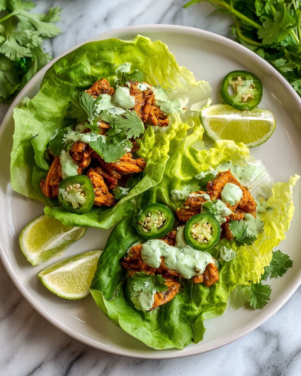 A close-up image of a small wrap held by a woman's hand, showing three main layers: bright green leafy lettuce forming the outer layer, a thick piece of seasoned and cooked meat with a crispy texture in the middle, and fresh slices of green jalapeño pepper along with a dollop of smooth, light green sauce on top. The background is a white marbled texture with a blurry glass with light green liquid below the wrap. photo taken with an iphone --ar 4:5 --v 7
