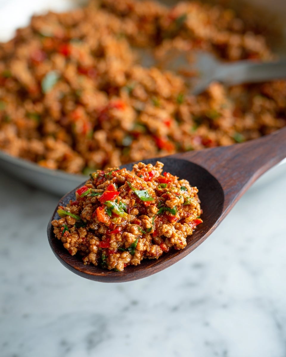 The image shows a close-up of cooked ground meat mixed with small chopped vegetables like red peppers and green herbs. The mixture is moist and slightly shiny, with a mix of light brown and reddish-orange colors. The cooked food is scooped up on a dark wooden spoon, held above a white pan filled with the same ground meat mixture, resting on a white marbled surface. The focus is on the spoon showing the texture and colors clearly, while the background is softly blurred. Photo taken with an iphone --ar 4:5 --v 7
