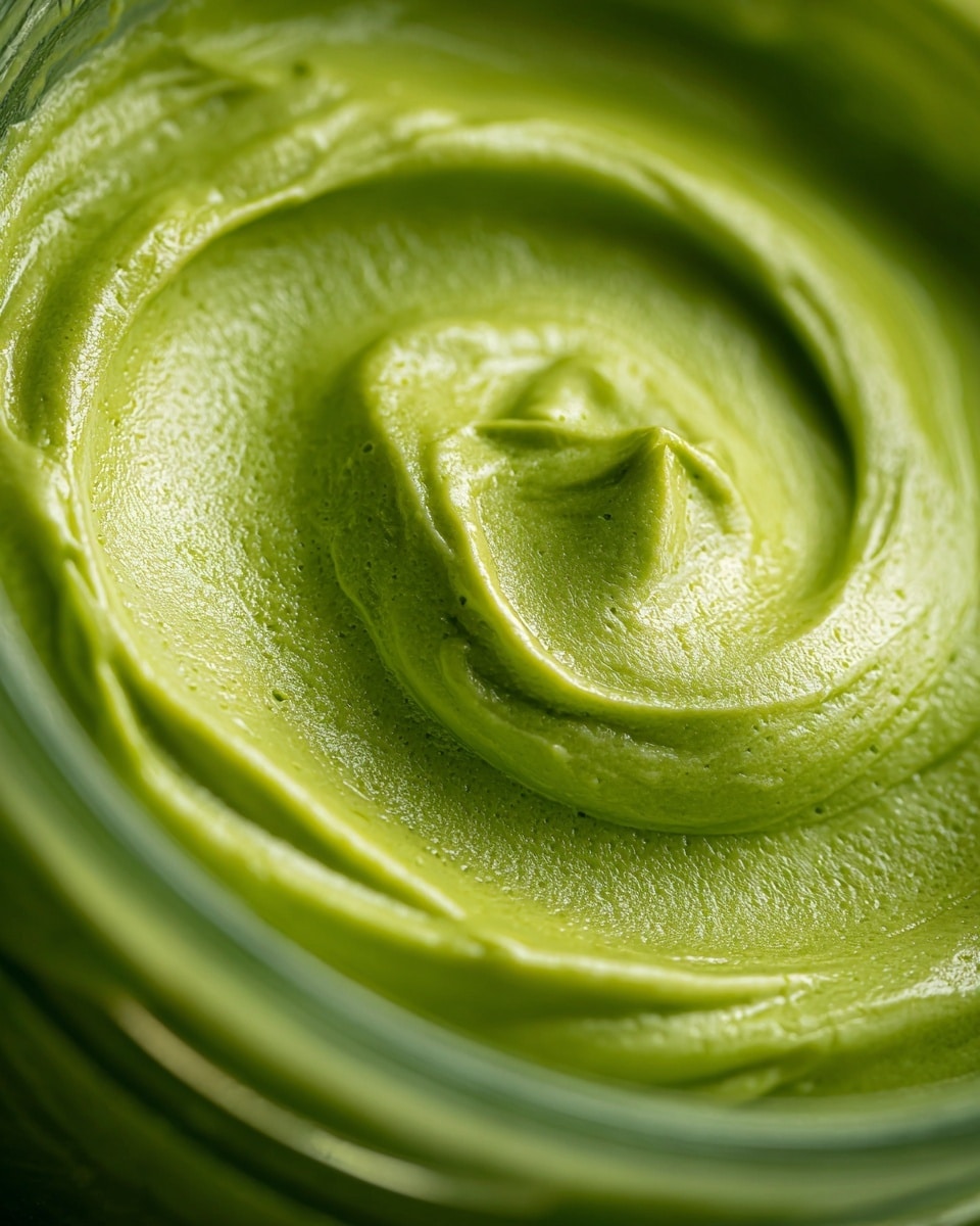 The image shows a thick, smooth green sauce or paste with a creamy texture inside a clear container. The surface has small peaks and swirls that reflect light softly, giving it a fresh and rich look. The green color is bright and even, covering the entire inside of the container. The close-up view highlights the mixture’s thickness and creamy feel. photo taken with an iphone --ar 4:5 --v 7