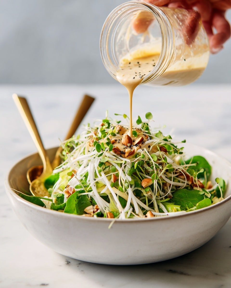 In a white bowl on a white marbled surface, there is a fresh salad with three main layers: thin white sticks of a crunchy vegetable at the bottom, bright green leafy sprouts scattered on top, and small pieces of brown nuts spread throughout. A woman's hand is pouring a creamy light beige dressing with tiny dark seeds from a small clear glass jar over the salad. Two golden spoons rest inside the bowl, partially hidden among the salad. photo taken with an iphone --ar 4:5 --v 7