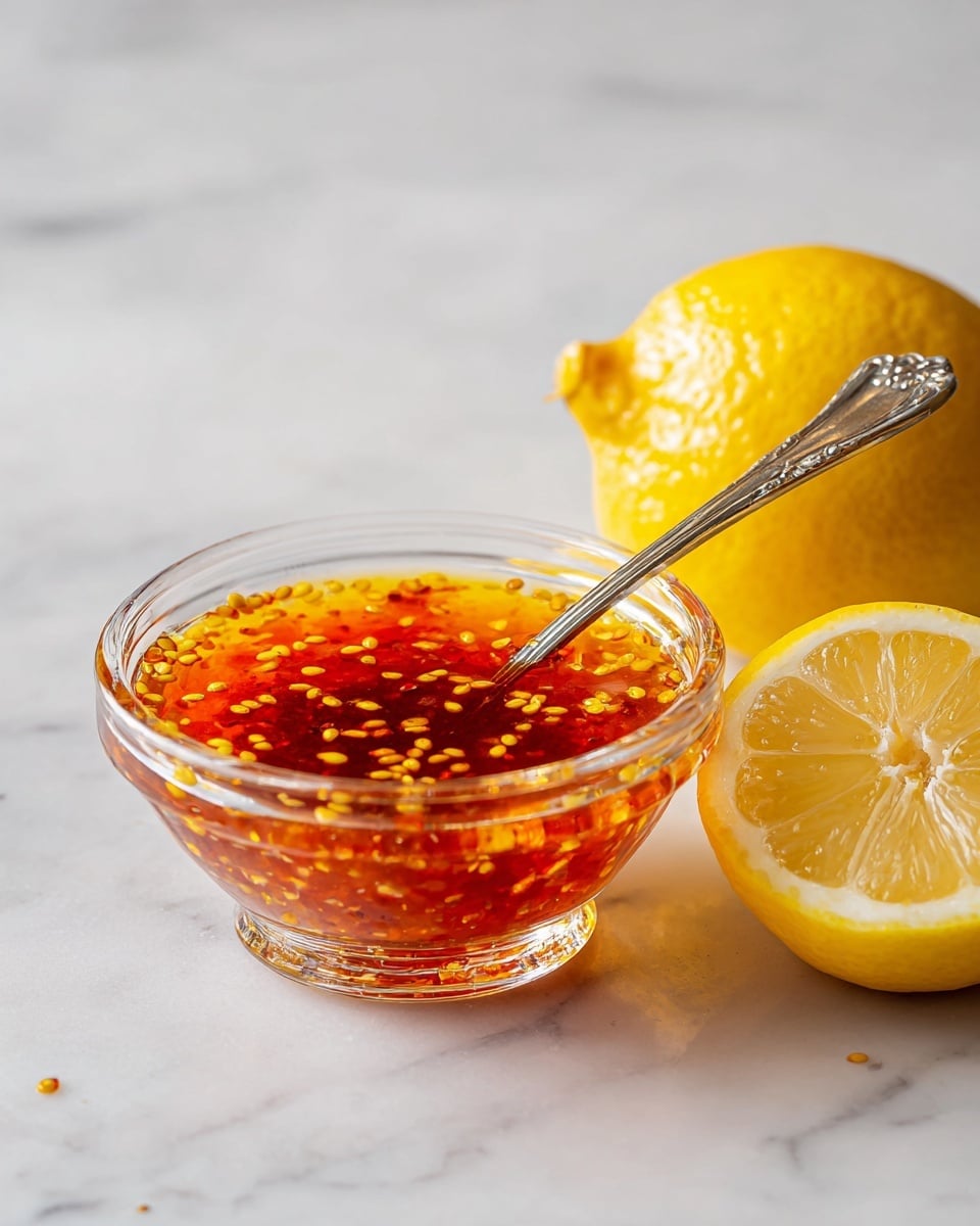 The image shows a small clear glass bowl filled with a shiny, reddish-orange liquid sauce with yellow chili seeds floating inside. A silver spoon is partly resting in the sauce, angled towards the bowl's edge. To the right of the bowl, there is a whole yellow lemon and a half lemon showing its bright yellow inside and juicy texture. All items are placed on a white marbled textured surface. Photo taken with an iphone --ar 4:5 --v 7
