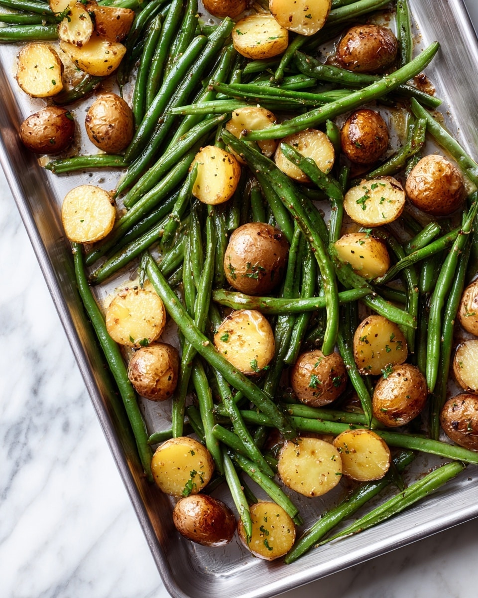 The image shows a single layer of roasted green beans mixed with small round baby potatoes cut in halves and whole, all spread out evenly on a foil-lined baking tray. The green beans are bright green with a slightly blistered texture, while the baby potatoes have a golden-brown roasted surface with smooth yellow insides visible in the halved pieces. The tray is placed on a white marbled surface, and the overall look is fresh and simple. photo taken with an iphone --ar 4:5 --v 7
