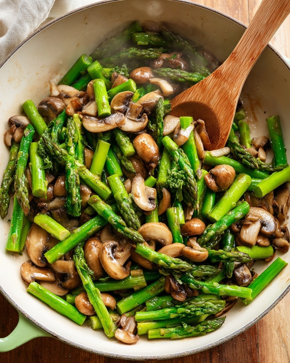 This image shows a white pan filled with cooked green asparagus cut into small pieces and light brown mushrooms sliced into halves and quarters, all mixed together. The asparagus is bright green with a tender texture, while the mushrooms have a slightly browned look, showing the cooking process. A light green spatula rests on the side of the pan, partly touching the vegetables. The pan is set on a wooden surface, and faint steam rises above the food, giving a fresh cooked feeling. photo taken with an iphone --ar 4:5 --v 7