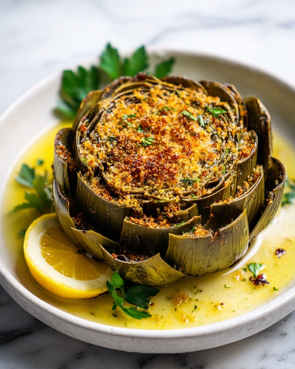 A whole baked artichoke is placed in the center of a white bowl, showing multiple layers of dark green, almost black leaves arranged in a circular pattern. The top is covered with a thick, golden brown, crunchy breadcrumb crust, toasted evenly with some darker, almost burnt spots near the center. Around the artichoke, a light yellow olive oil sauce with small bits of herbs pools gently at the bottom of the bowl. A bright yellow lemon wedge and green parsley leaves rest on the side of the bowl against the white marbled surface. The photo taken with an iphone --ar 4:5 --v 7