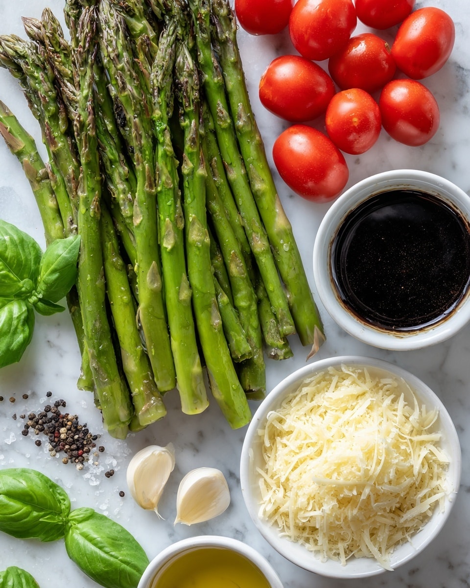 A cluster of fresh green asparagus stalks lies on the upper left, showing firm texture. To the right, bright red cherry tomatoes are grouped closely, round and shiny. Below the asparagus, two cloves of pale garlic rest side by side. Centered near the bottom is a small white bowl filled with thin, pale yellow Parmesan cheese shavings with a slightly rough texture. To the right of the Parmesan, a small white bowl holds dark, glossy balsamic glaze, and below it, another small white bowl contains light golden olive oil with a smooth surface. Fresh, dark green basil leaves sit at the bottom left, with small scattered piles of black pepper and white salt next to them, providing texture contrast. The background is a white marbled surface. Photo taken with an iphone --ar 4:5 --v 7