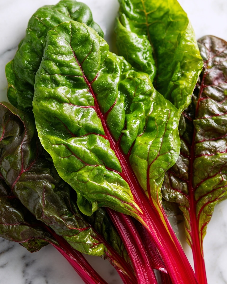 Bright fresh Swiss chard leaves are shown in a bunch, with three main layers: thick deep red stems forming the bottom layer, bright green leaves with visible veins as the middle layer, and darker green and reddish leaves on top, all with a slightly shiny, wrinkled texture. The leaves have a natural curled and wavy shape at the edges, resting loosely on a white marbled surface, giving a fresh and healthy look. Photo taken with an iphone --ar 4:5 --v 7