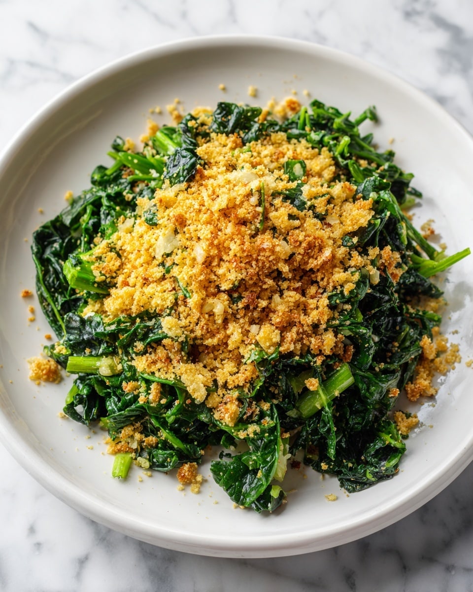 A clear glass plate holding a fresh green salad with about three layers: leafy dark and light green Swiss chard leaves forming the base layer, sprinkled with small bits of white shredded cheese, and topped with golden-brown crunchy crumbs scattered unevenly across the top; the plate is placed on a wooden surface but shown here as a white marbled texture. photo taken with an iphone --ar 4:5 --v 7