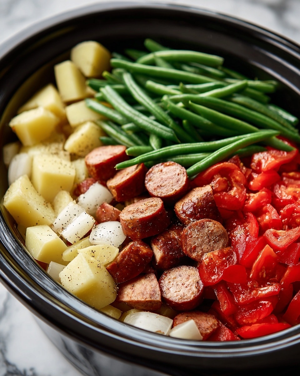 A close-up view of a black slow cooker bowl filled with layered ingredients. The bottom layer has chunks of light yellow potatoes and quartered white onion pieces. On top of that, there are green beans spread evenly with their smooth texture and curved shape. Scattered among the green beans are thick slices of brown sausage and bright red tomato chunks, adding color contrast. The ingredients look fresh with visible seasoning. The background is a white marbled surface. photo taken with an iphone --ar 4:5 --v 7