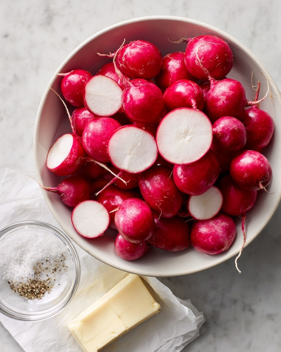 A white bowl filled with many radishes, some whole and some cut in half, showing their bright red skin and white inside. Next to the bowl on a white marbled surface, there is a small glass bowl with salt and pepper, and a small block of butter resting on white parchment paper. The image shows a clean and simple kitchen setup. photo taken with an iphone --ar 4:5 --v 7