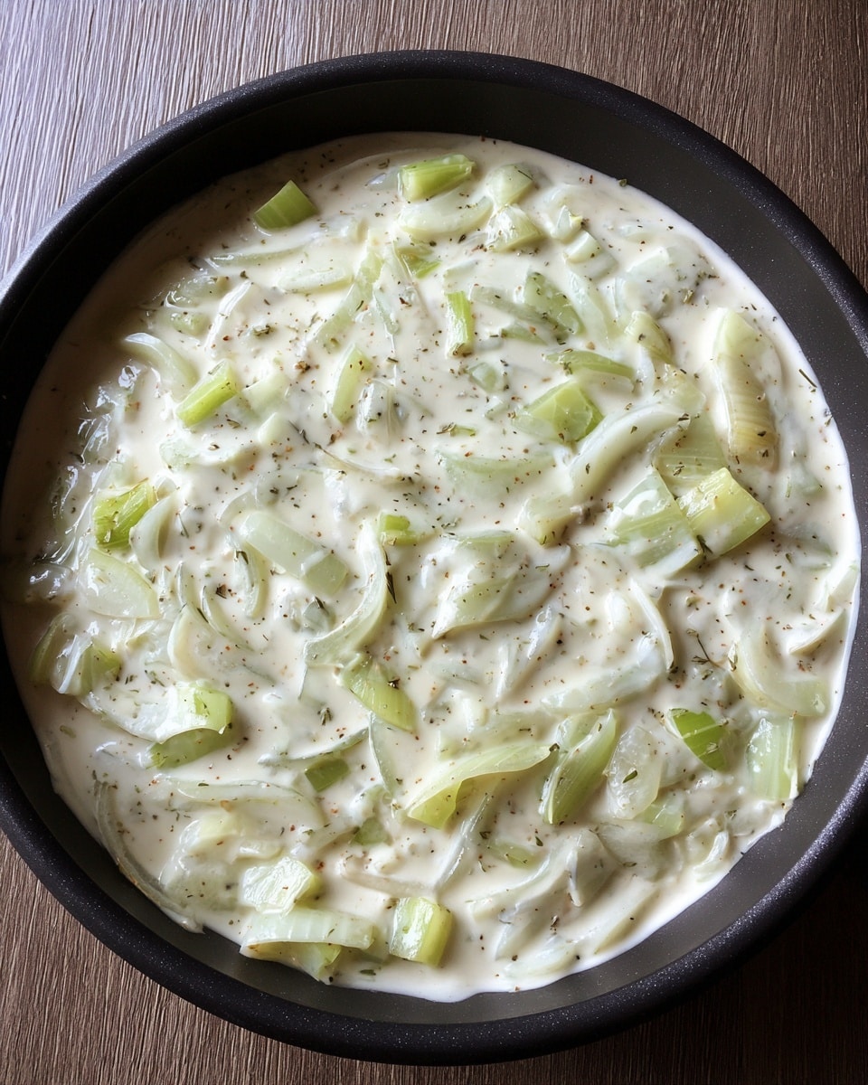 A round black skillet filled with a thick creamy white sauce mixed with sliced light green and translucent pieces of vegetables, likely onions and celery, spread evenly across the surface. The skillet rests on a table with a wood grain texture. The sauce has a smooth texture with small visible bits of herbs or spices scattered throughout. Photo taken with an iphone --ar 4:5 --v 7