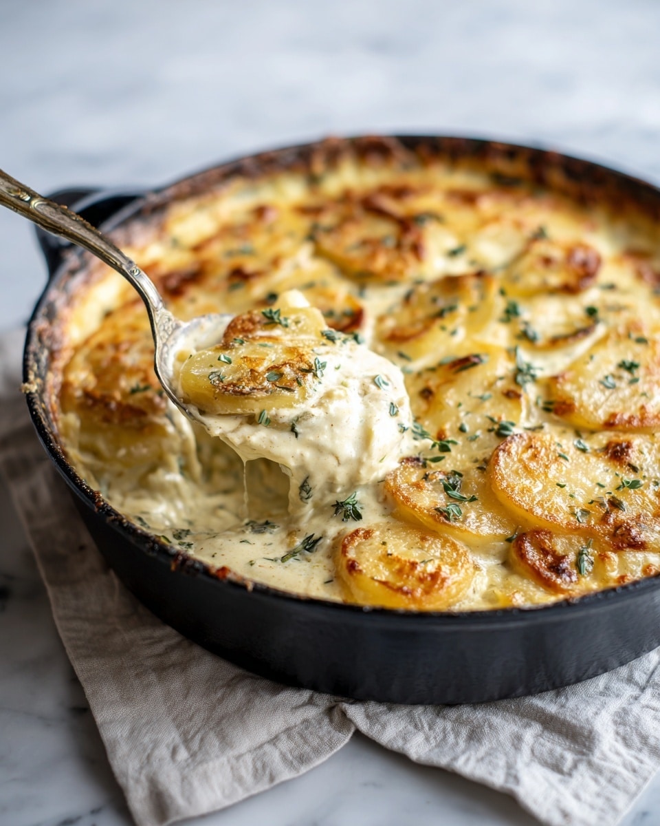 The image shows a round black skillet filled with a creamy, golden-brown baked dish that has a slightly crispy, browned top layer with small green herb leaves scattered on it. Below the top crust is a thick layer of creamy sauce mixed with soft, pale yellow potato slices arranged in layers that look tender and slightly chunky. A spoon scoops out a portion, revealing the creamy, smooth sauce and soft potato layers beneath the browned surface. The skillet sits on a light-colored cloth over a white marbled surface. photo taken with an iphone --ar 4:5 --v 7