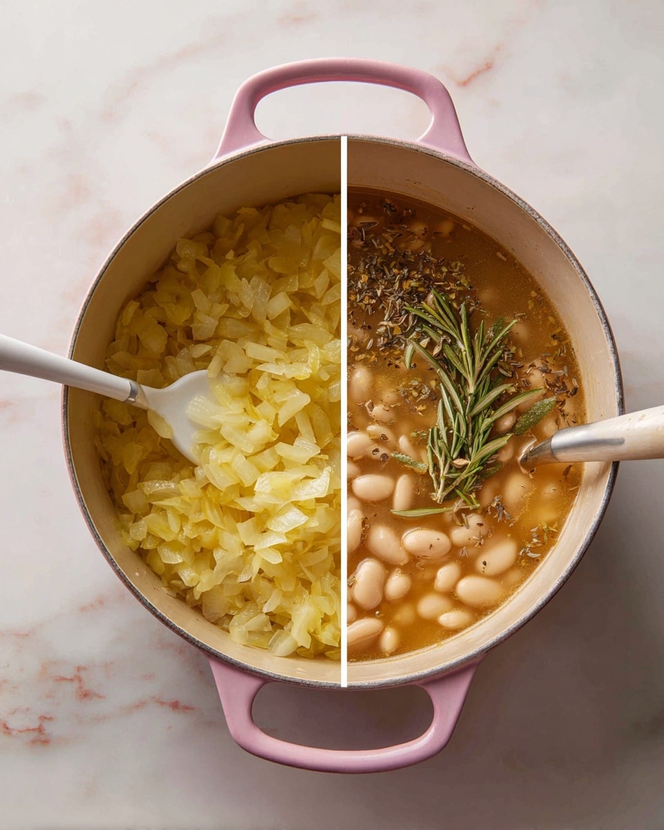 The image shows two side-by-side photos of a metal pot with a pink exterior and silver handles placed on a white marbled surface. In the left photo, the pot is filled with a single layer of chopped cooked yellow onions with a white spatula resting inside. In the right photo, the pot now contains a light brown broth with white beans floating in it, topped with scattered dried herbs and a green rosemary sprig, with the same white spatula inside. Photo taken with an iphone --ar 4:5 --v 7