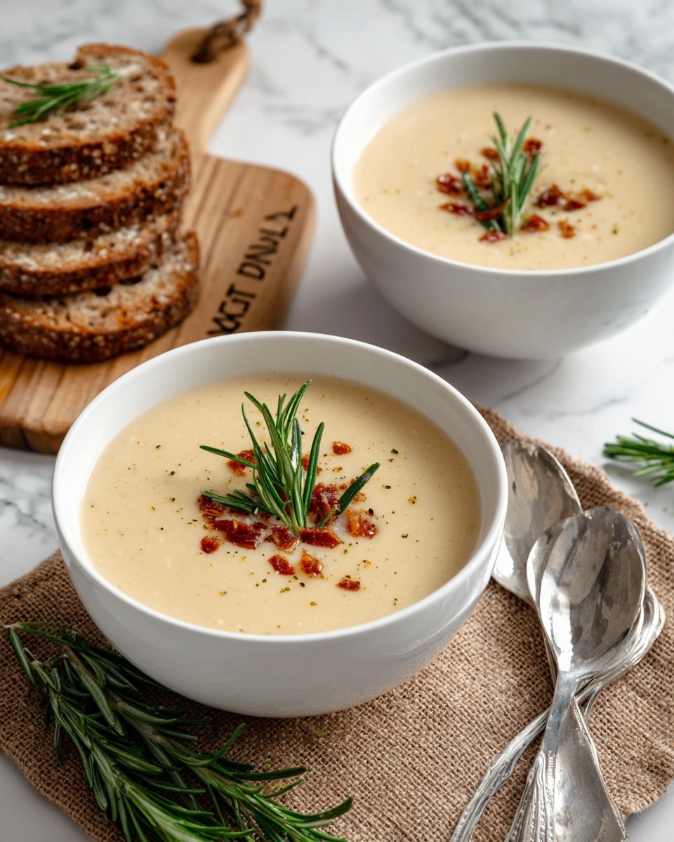Two white bowls of creamy light yellow soup garnished with small red bits and a green rosemary sprig on top are placed on a tan textured napkin on a white marbled surface. Behind them is a small stack of sliced toasted bread with a golden crust on a wooden board. The background shows a light brick wall and two silver spoons lie next to the bowl in front. Photo taken with an iphone --ar 4:5 --v 7