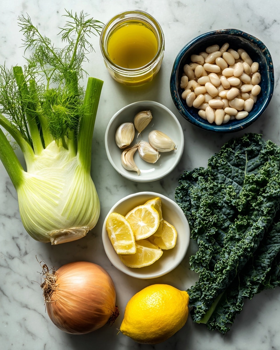 The image shows several fresh ingredients arranged on a white marbled surface. In the center left is a light green fennel bulb with feathery green leaves. Below it, there is a whole onion with a pale orange skin, placed next to a few garlic cloves, some peeled and some unpeeled. Near the onion, a small white bowl holds lemon wedges with bright yellow rinds. To the right, a dark blue bowl contains white cannellini beans. Above the bowl are two jars, one large with orange veggie broth and a smaller one with light green olive oil. On the far right side lies a bunch of deep green kale with curly leaves. A whole lemon with bright yellow skin rests near the bottom center. Photo taken with an iphone --ar 4:5 --v 7