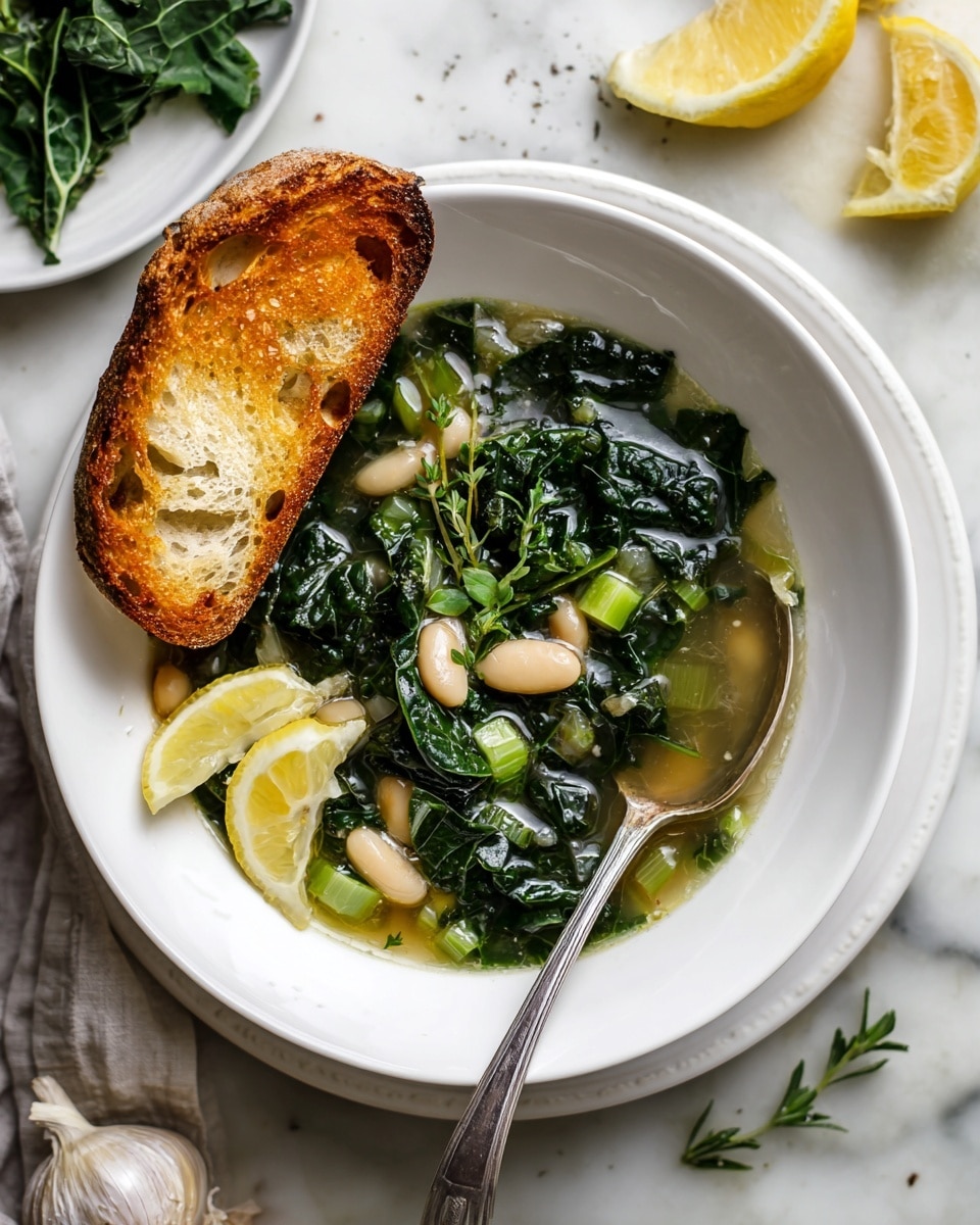 A dark round pot filled with green leafy kale and light beige beans in a clear broth forms the main layer, topped with a slice of yellow lemon floating near the edge. A wooden spoon with a long handle is resting inside the pot, partially submerged in the soup. Around the pot on the white marbled surface, there are three garlic cloves and a small white bowl holding lemon wedges at the top left. A bunch of fresh fennel fronds with thin green strands lies to the right side. The pot handle labeled