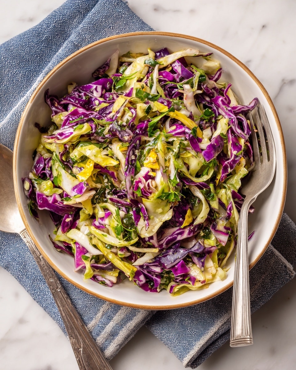 A white bowl holds a colorful vegetable dish with two clear layers: the bottom layer is a mix of chopped purple and green cabbage, soft and slightly shiny, while the top layer features bright orange roasted sweet potato cubes with a crispy brown surface. The bowl is placed on a blue striped cloth on a white marbled surface, with a metal fork and spoon resting beside it. The photo was taken with an iphone --ar 4:5 --v 7