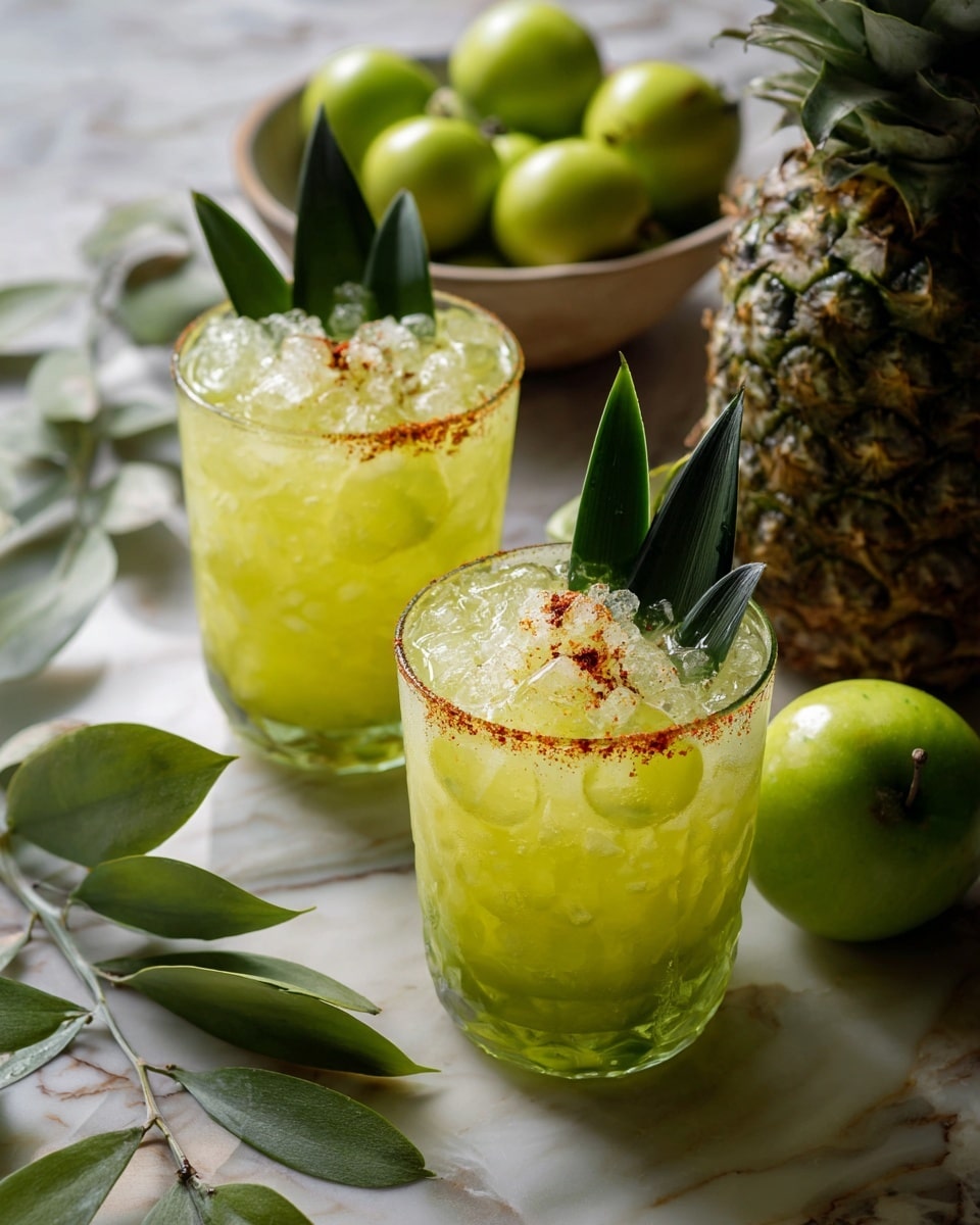 A close top view of a cold yellow-green drink in a clear glass filled with irregular ice cubes, the glass rim coated with a layer of red-orange spice powder, and two fresh green pineapple leaves standing upright in the drink’s center, all set against a white marbled surface with soft natural lighting, photo taken with an iphone --ar 4:5 --v 7