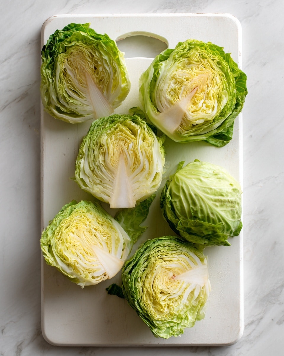 The image shows five pieces of green cabbage cut in half, placed on a white cutting board with a handle on the right side, all set over a white marbled surface. The cabbage pieces display many layers of light green to pale yellow leaves, tightly packed in the center, with rougher green outer leaves hanging off some edges. The cutting board has a rounded rectangular shape with slightly curved edges. Photo taken with an iphone --ar 4:5 --v 7