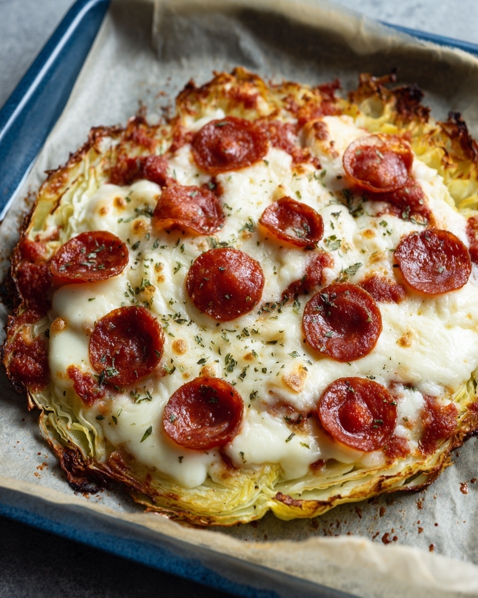 This image shows six small, round cabbage slices layered and roasted on a baking sheet lined with parchment paper. Each slice has a thick base of light beige cabbage layers with slight browning on the edges. Four of the slices are topped with melted white cheese and small red pepper slices scattered on top, giving a dotted bright red contrast. The other two slices have a similar melted white cheese topping but are sprinkled with tiny reddish-brown bits, possibly pepperoni, covering the surface. The baking sheet is blue with a white marbled texture underneath, and a textured orange and white cloth is visible at the bottom. photo taken with an iphone --ar 4:5 --v 7