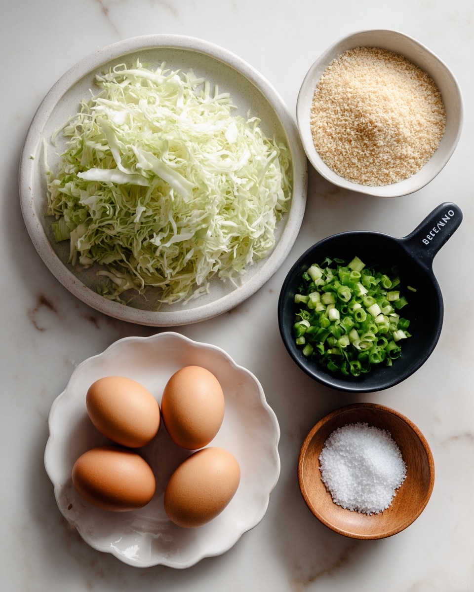 The image shows six food ingredients arranged neatly on a white marbled surface. On the left, there is a round plate with shredded pale green cabbage, textured with soft, thin layers. Next to it is a small white bowl filled with light beige panko breadcrumbs, showing a grainy texture. Below that, a scalloped white plate holds three brown eggs with smooth shells. To the right, a black measuring cup is full of bright green chopped scallions, cut into small round pieces. Below it, a small wooden bowl contains white sea salt with a fine, grainy texture. The ingredients are spaced evenly and clearly labeled with black and white tags. Photo taken with an iphone --ar 4:5 --v 7