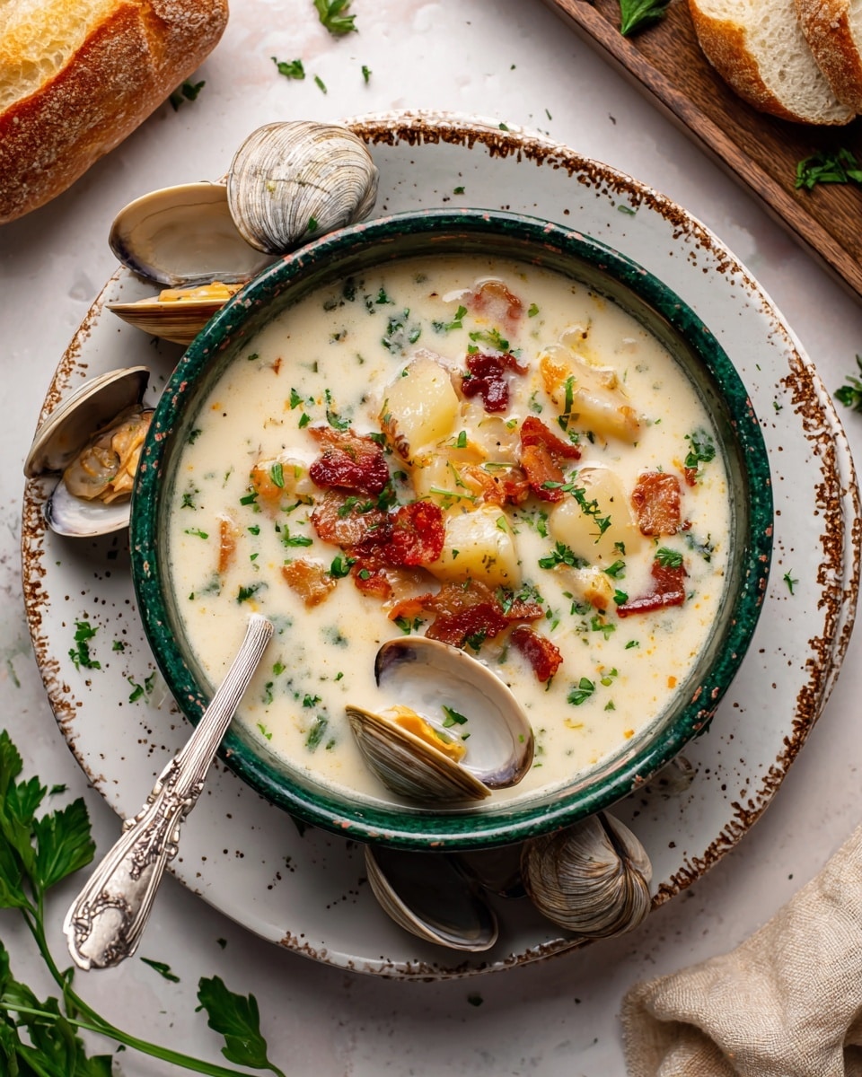 A close-up view of a spoon lifting a creamy soup filled with layers of diced red-skinned potatoes, small pieces of bacon with a reddish-brown color, chopped green celery, and small round biscuit pieces, all mixed in a thick, white creamy broth. The spoon is held above a white bowl with a rough texture, filled with the same soup, set on a white marbled surface. Some green herbs are sprinkled in the soup for a touch of color, and the background is softly blurred to keep the focus on the spoon and soup. Photo taken with an iphone --ar 4:5 --v 7