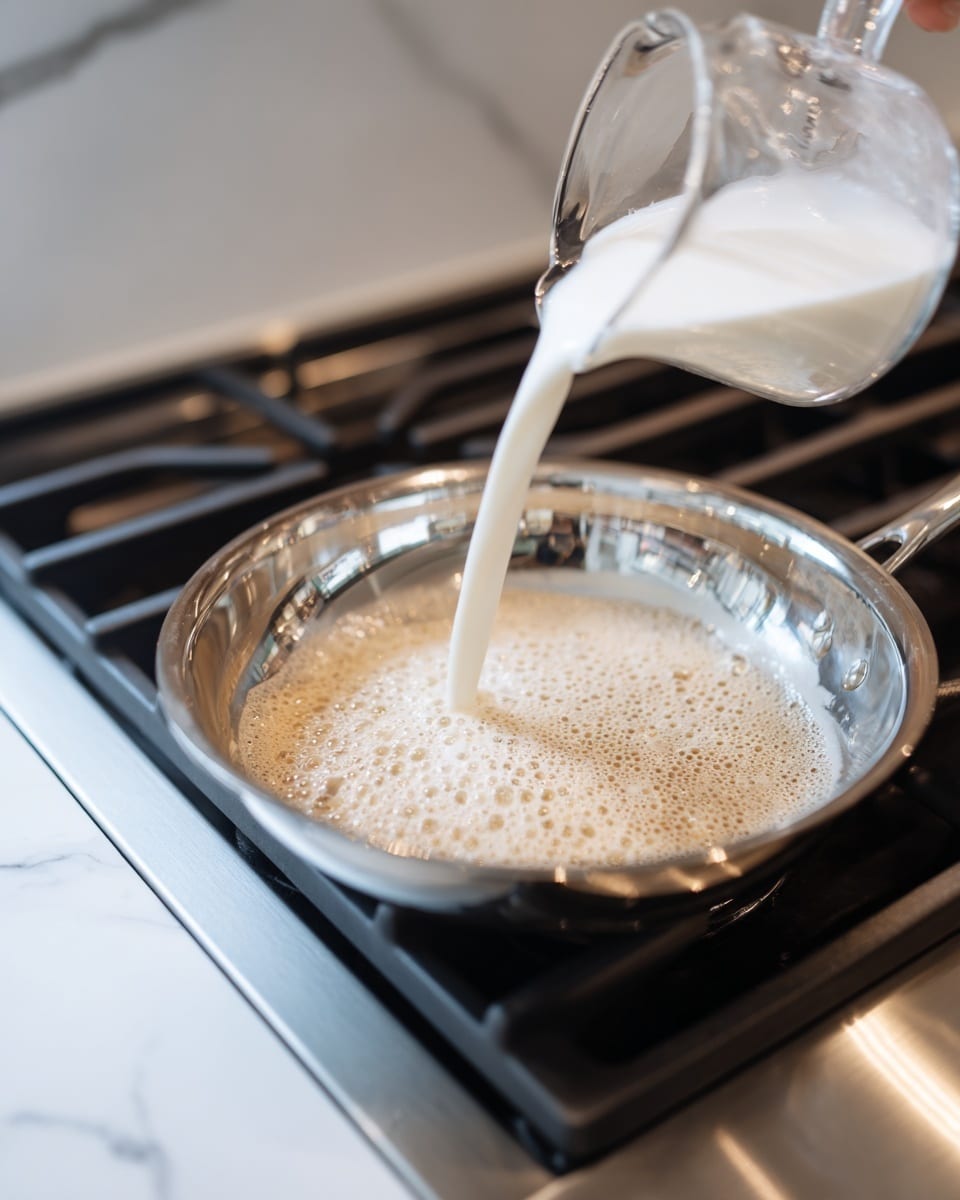 A clear glass measuring cup is tilted, pouring white milk into a shallow silver pan on a stove. In the pan, there is a thick, light brown bubbly mixture with many small bubbles covering the surface. The pan is shiny and metallic, and the stove grates are black. The background shows part of the stove and a white marbled surface underneath. Photo taken with an iphone --ar 4:5 --v 7