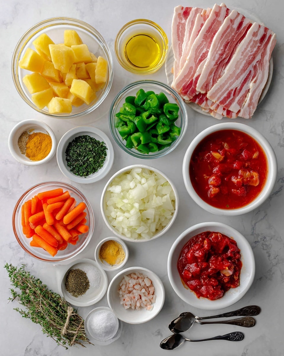 A white bowl holds several raw bacon strips with pink and white marbling on the upper right of the image. Next to it on the left, a clear glass bowl contains pale yellow baby red potato chunks. Below the bacon, a medium white bowl contains bright green chopped green peppers. To the left of the green peppers is a white bowl with orange carrot sticks. Below the potato bowl, there is a white bowl with small beige minced clams. A smaller glass bowl filled with white chopped yellow onions sits between the carrots and green peppers. A large white bowl filled with red canned whole tomatoes and juice is on the right side. Below that, small bowls and dishes hold finely chopped garlic, dark red tomato paste, bright green chopped parsley, and light yellow bacon fat. At the bottom left, a small white plate holds dried herbs including dark green oregano, basil, bay leaf, and thyme branches. Next to it are small spoons with salt and black pepper. A glass bowl with light yellow clam juice is near the center. All items are placed on a white marbled surface. photo taken with an iphone --ar 4:5 --v 7