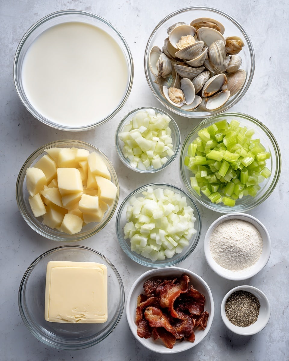 The image shows nine clear glass bowls and one small white square dish placed on a white marbled surface. The largest bowl in the center is filled with white milk, looking smooth and liquid. To its right, a bowl holds pale beige clams in light broth, with a soft, chunky texture. Below the milk, a bowl contains chopped celery, bright green with a crisp texture. To the left of the celery, there is a bowl filled with pale yellow cubed potatoes that look firm and fresh. Below the potatoes, a bowl holds white chopped onions with a slightly translucent look. Near the bottom center is a white square dish with a block of creamy light yellow butter. To the lower right of the celery is a small bowl with strips of cooked bacon, dark brown with a slightly crispy texture. Beside the bacon, a bowl of white flour is smooth and powdery. Finally, a small white bowl at the bottom right contains salt and ground black pepper, with white and black specks mixed together. Each item looks neat and clearly labeled. Photo taken with an iphone --ar 4:5 --v 7