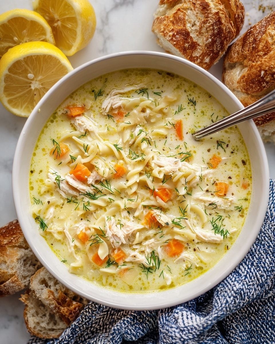A dark blue bowl filled with creamy yellow chicken soup, showing several layers of small white orzo pasta, shredded white chicken pieces, small orange carrot cubes, and tiny green herb sprigs spread evenly throughout the soup. The soup surface is slightly shiny with a few small bubbles visible, and finely chopped green dill is scattered on top. Behind the bowl, there are two slices of rustic bread with a light brown crust and a soft beige inside, resting on a folded light gray and white kitchen towel. Next to the bowl are two lemon halves, one shown fully and the other partially, both pale yellow with visible segments inside. The whole scene is on a white marbled surface. Photo taken with an iphone --ar 4:5 --v 7