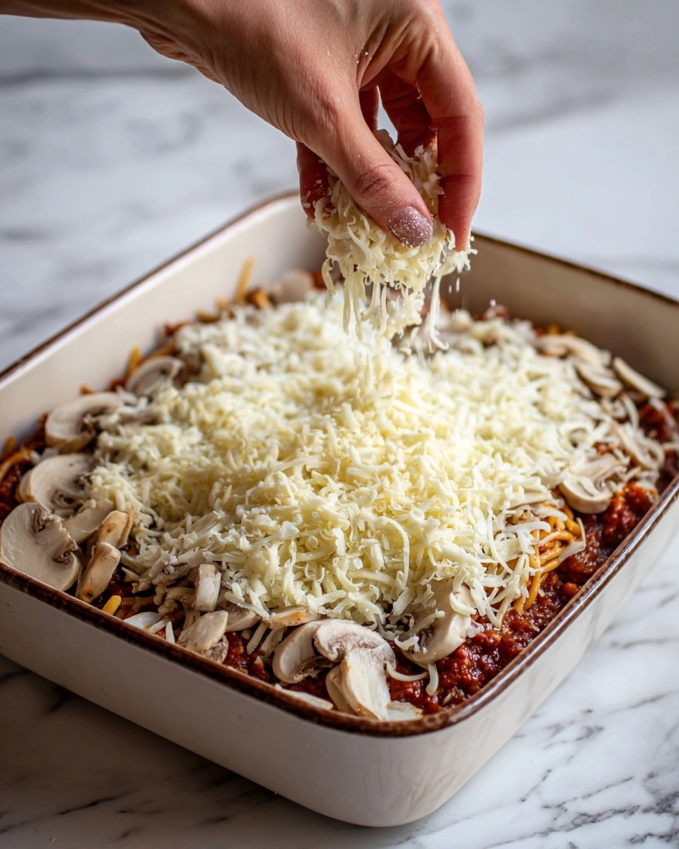 A woman's hand is sprinkling shredded white cheese over a layered dish in a white baking dish with brown sides. The dish has a bottom layer of a thick, red-brown sauce mixed with pieces of meat, followed by a layer of cooked noodles or spaghetti visible under the cheese and sliced mushrooms. The cheese is soft and stringy, covering the top layer unevenly. The baking dish sits on a white marbled surface. Photo taken with an iphone --ar 4:5 --v 7