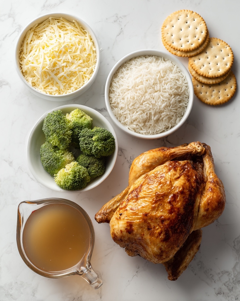 The image shows five main ingredients arranged on a white marbled surface. In the top left, there is a round white bowl filled with shredded cheese, showing a mix of white and yellow colors with a soft texture. Next to it, on the top center, is a round white bowl with raw white rice, its grains smooth and uniform. To the right of the rice are light golden round crackers stacked partially on each other. Below the crackers, there are three fresh broccoli florets with a bright green color and a rough texture. On the right side of the image, there is a cooked whole chicken with a deep golden brown, crispy skin. Below the cheese bowl, on the bottom left, is a clear glass measuring cup filled with light brown broth. The entire arrangement is neat and visually balanced. Photo taken with an iphone --ar 4:5 --v 7