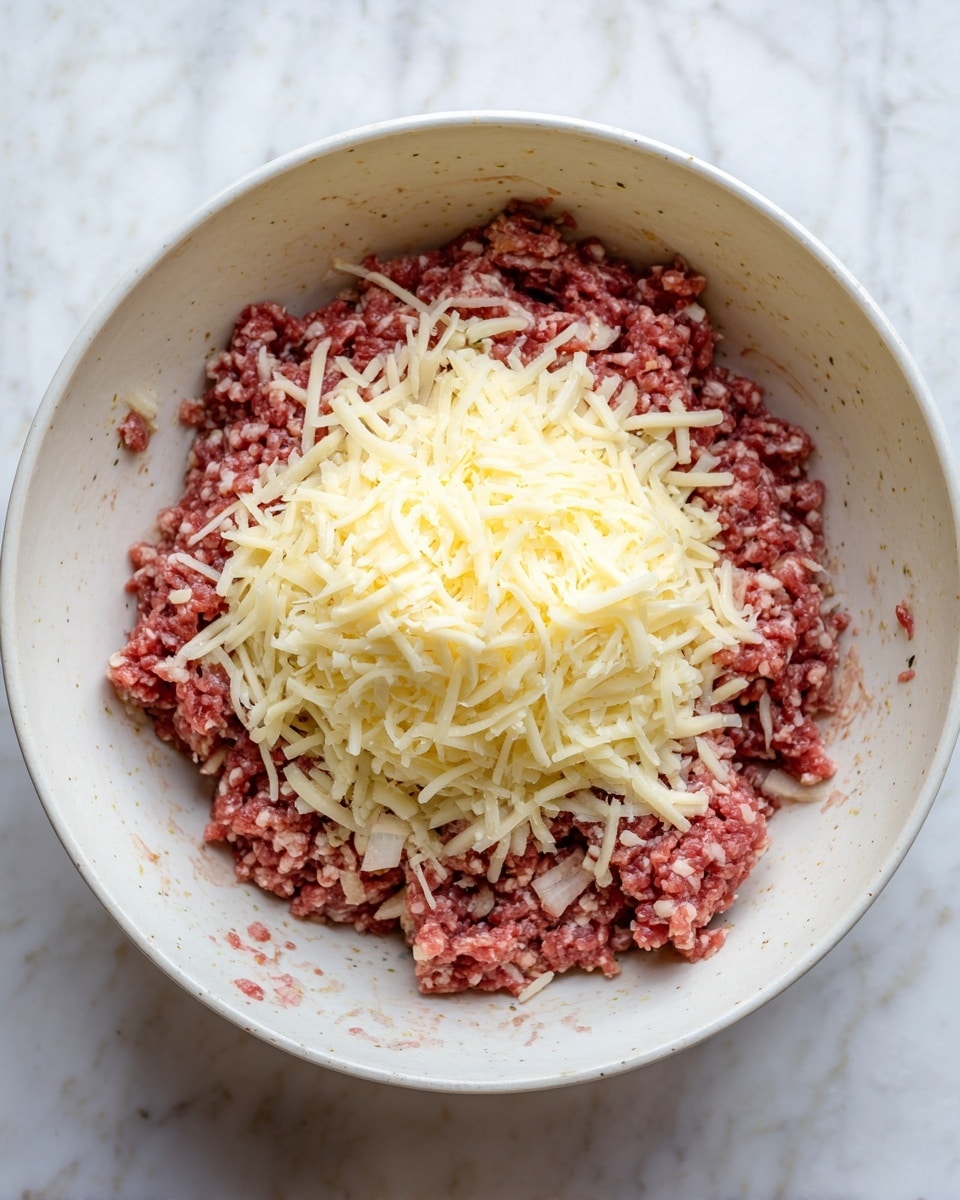 Inside a white bowl, there is a mixture of raw minced meat with small chunks of onion spread around. On top of this mixture, a large pile of finely shredded pale yellow cheese is placed in the center. The meat looks moist and coarse, with uneven texture and reddish pink color, while the cheese is light and soft with fine thin strands. The inside of the bowl has some splashes and smudges of the meat mixture near the edges. The background surface is a white marbled texture photo taken with an iphone --ar 4:5 --v 7