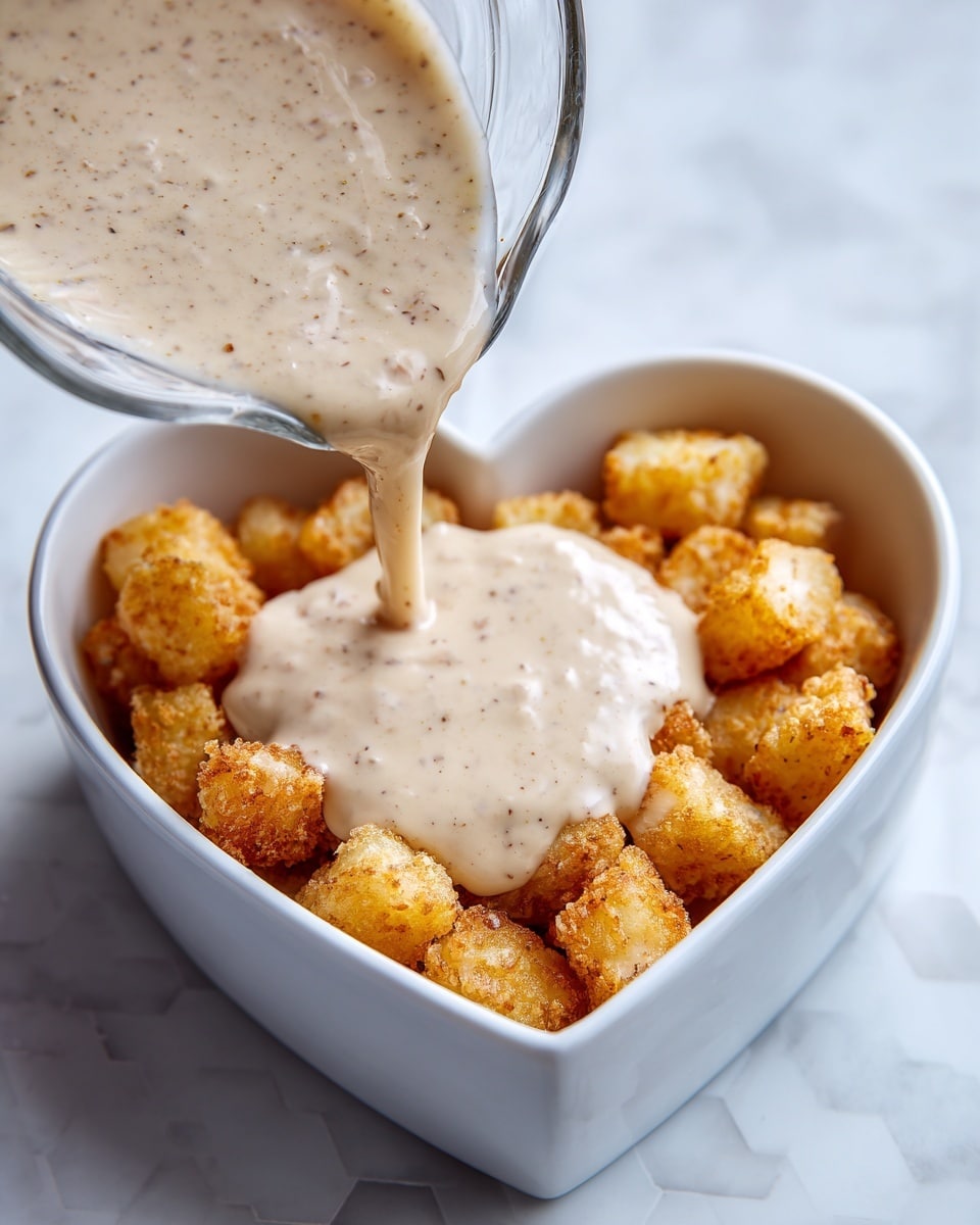 The image shows a close-up of thick cream sauce being poured from a clear glass container onto a layer of small, golden, crispy potato pieces arranged evenly in a white heart-shaped bowl. The creamy sauce has a smooth texture with tiny bits visible, likely ingredients mixed in, and it flows gently over the textured potato layer below. The bowl sits on a white marbled surface with a subtle hexagonal pattern lightly visible around it for contrast. The shot is taken from above, focusing on the action of the sauce pouring down and covering the potatoes. Photo taken with an iphone --ar 4:5 --v 7