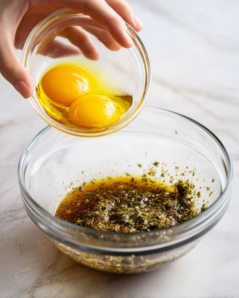 A clear glass bowl sits on a white marbled texture surface, containing a mixed brown and green textured mixture with visible small pieces of herbs. Above the bowl, a woman's hand holds a smaller clear glass bowl tilted, pouring two raw eggs with vibrant yellow yolks into the larger bowl. The mixture shows a moist and slightly coarse texture with irregular bits scattered around the sides. Photo taken with an iphone --ar 4:5 --v 7