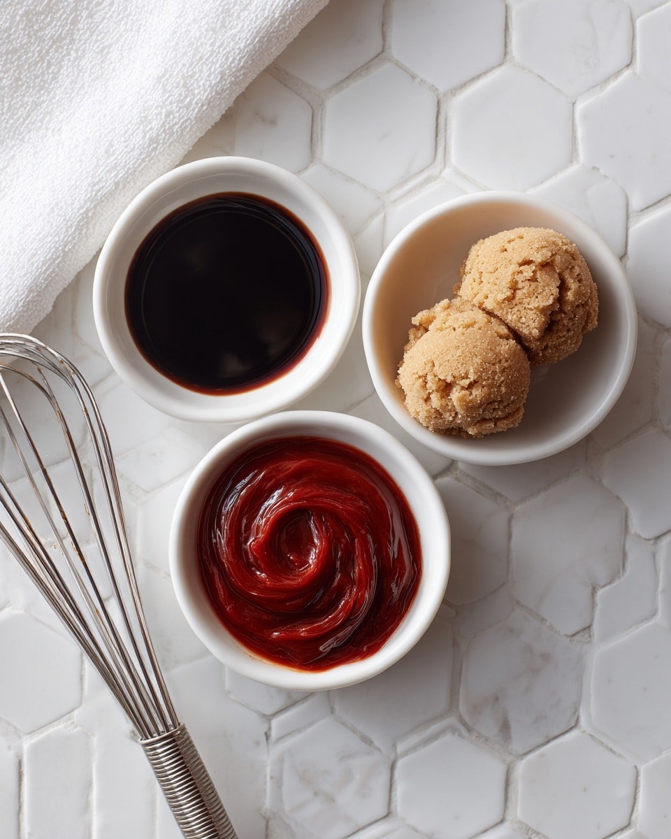 The image shows three small white bowls on a white marbled hexagonal tiled surface. The bowl on the top right contains two rounded scoops of light brown sugar with a crumbly texture. The bowl on the bottom right holds a dark, glossy liquid resembling soy sauce. The bowl on the left is filled with a smooth, bright red sauce swirled on top. To the right of the bowls, there is a small metal whisk lying on the surface, and a white cloth is partially visible in the top left corner. photo taken with an iphone --ar 4:5 --v 7