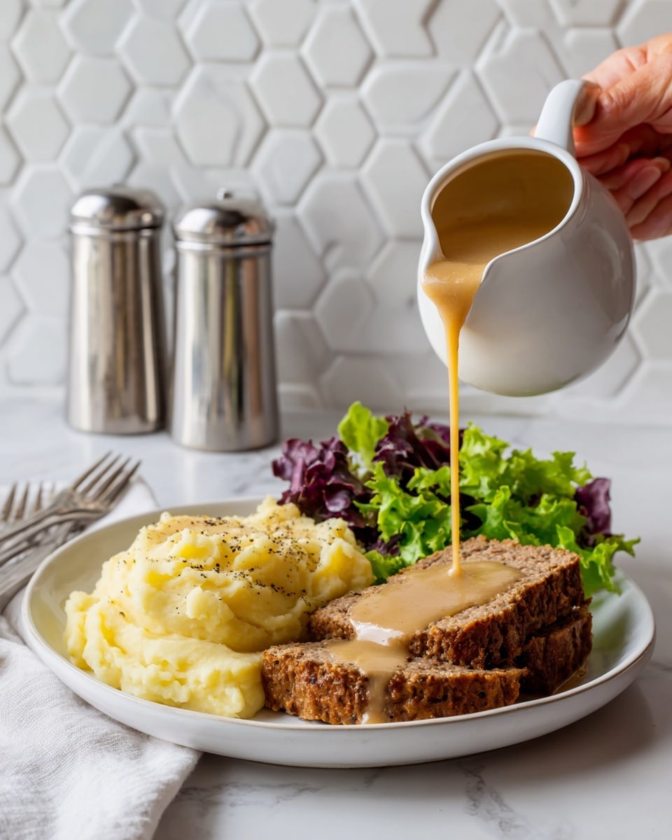 A single large, oval-shaped meatloaf with a shiny, caramelized brown crust sits on white parchment paper that lines a white oval plate with a dark rim. The surface of the meatloaf is uneven and textured with small bits visible, and there is a serrated knife with a wooden handle placed on the right side of the plate. The plate rests on a white marbled hexagonal tile surface. Nearby, two glass salt and pepper shakers and a white bowl with broken egg shells are placed. Photo taken with an iphone --ar 4:5 --v 7
