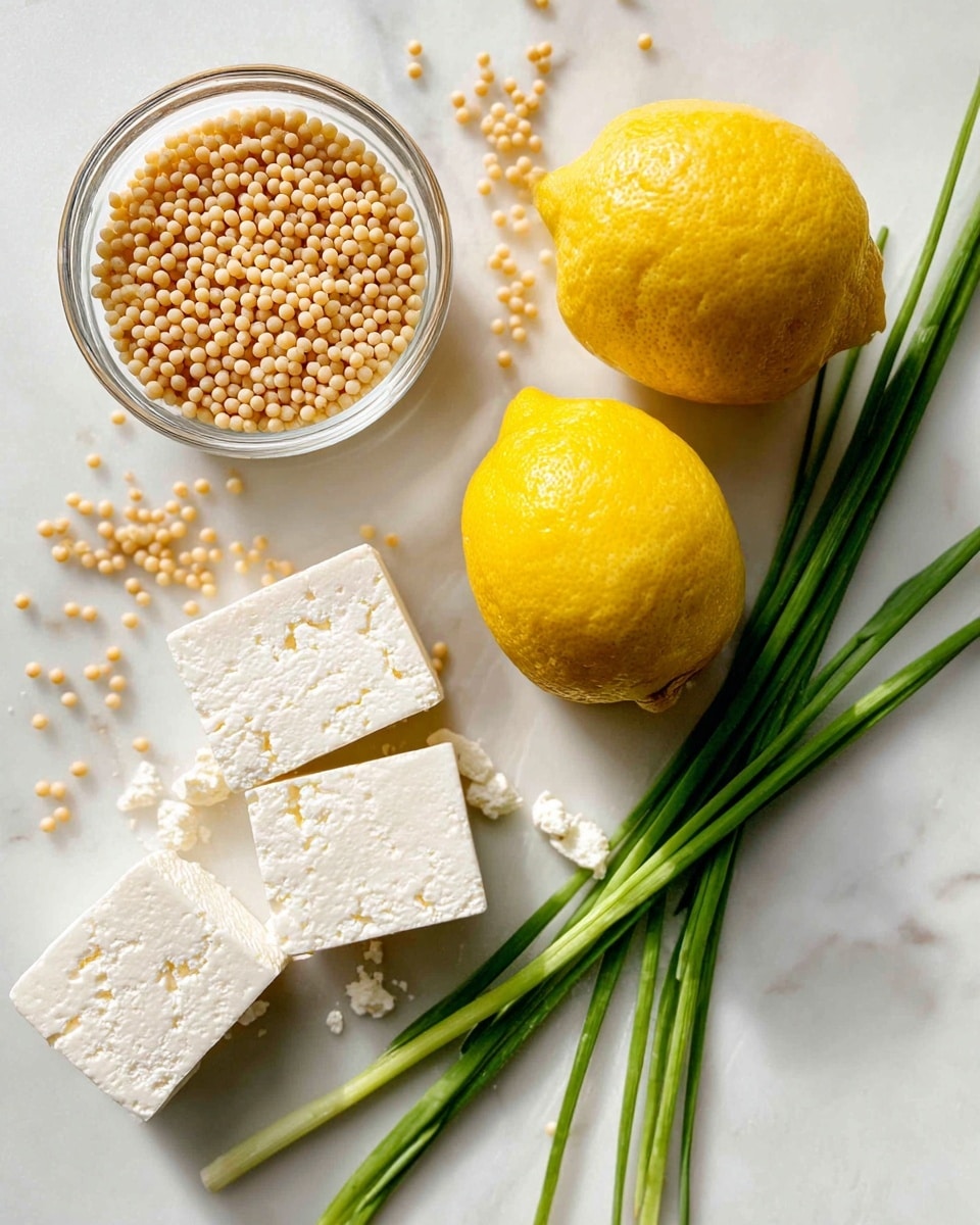 The image shows a white marbled surface with a small clear glass bowl filled with small round beige couscous balls in the top left. To the right of the bowl, there are two bright yellow lemons placed diagonally. Near the lemons are several long green chive stalks, laid flat on the surface. In the bottom center, there are three white blocks of crumbly feta cheese, with one block slightly broken with small crumbs scattered around it. The colors are bright and natural, showing fresh ingredients. photo taken with an iphone --ar 4:5 --v 7